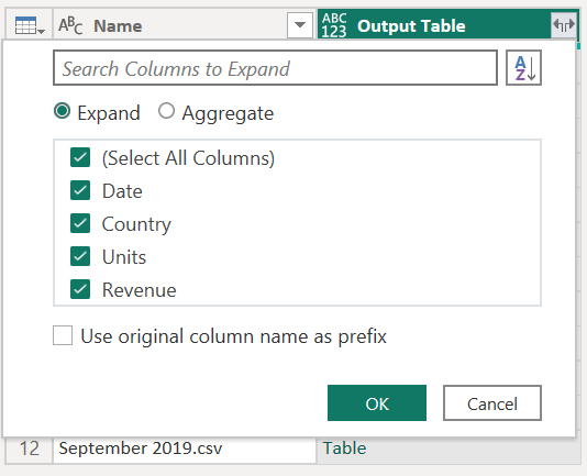 Captura de pantalla del cuadro de diálogo de tabla de salida expandido con todas las columnas de tabla seleccionadas.
