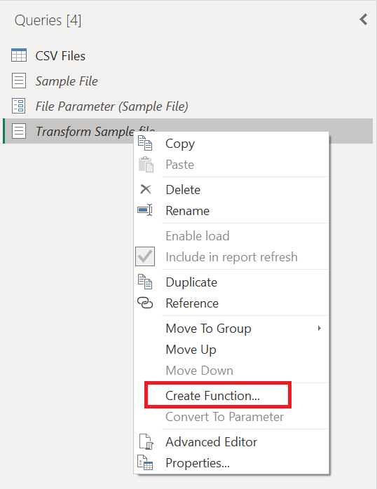 Captura de pantalla de la opción Crear función usada para la consulta Transformar archivo de ejemplo.