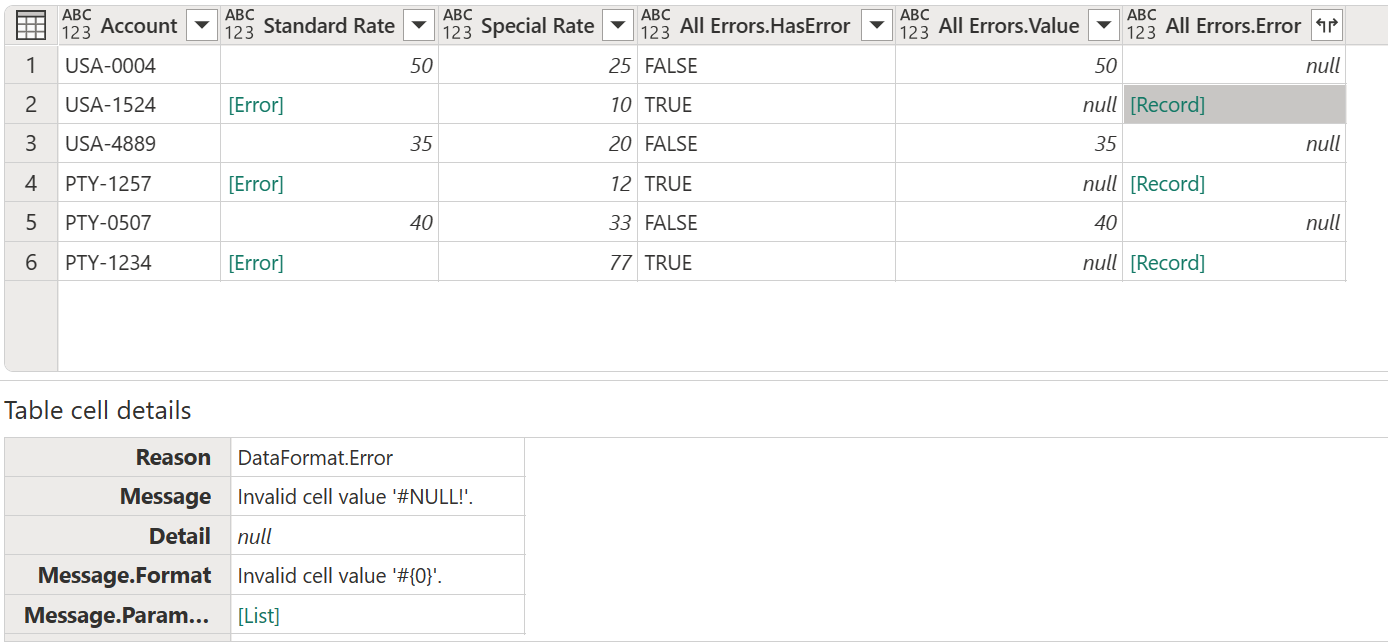 Captura de pantalla de la tabla con los nuevos campos de columnas, con un valor All.Errors.Error seleccionado, donde se muestran los mensajes de error debajo de la tabla.
