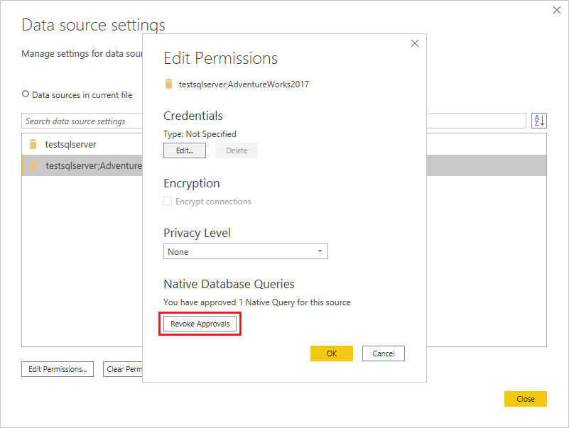Captura de pantalla del cuadro de diálogo editar permisos con aprobaciones de revocación resaltadas.