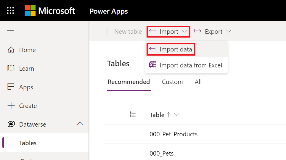 Captura de pantalla con tablas de Dataverse abiertas, el menú contextual de importación abierto, con la opción importar datos resaltada.