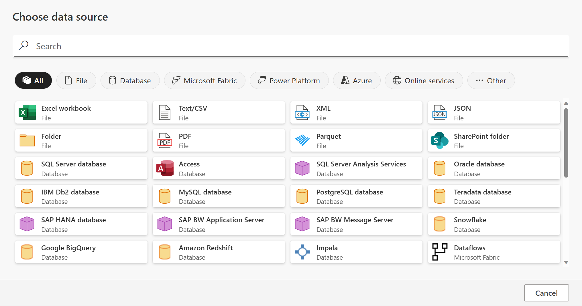 Captura de pantalla de la página Elegir origen de datos de Power Apps que se muestra después de seleccionar ver más, con la lista de conectores.