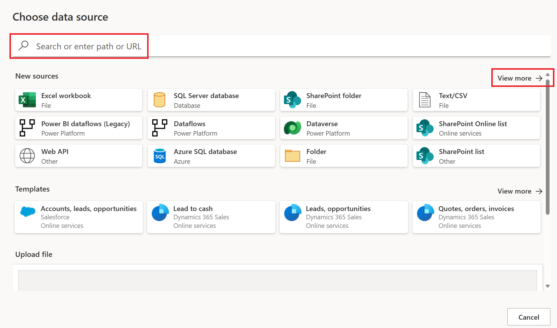 Captura de pantalla de la página Seleccionar origen de datos con el cuadro de búsqueda y la selección para ver más resaltada.