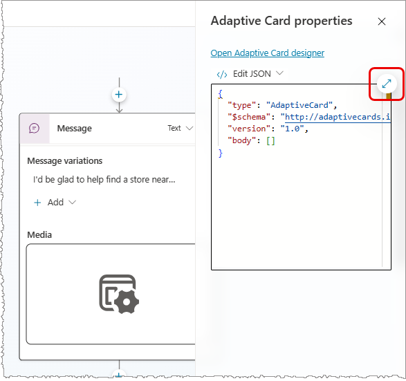 Captura de pantalla de un nodo Mensaje con tarjeta adaptable, con el ícono Expandir resaltado.
