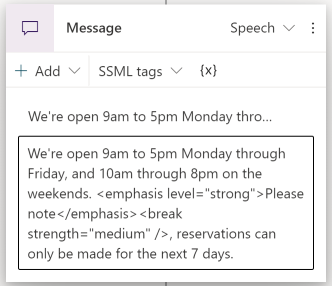 Captura de pantalla de un mensaje de voz con etiquetas SSML agregadas.
