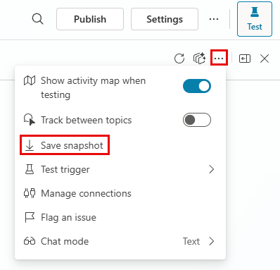 Captura de pantalla del panel Probar bot, con el icono de menú Más y el botón Guardar instantánea resaltados.