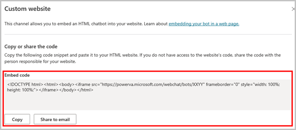 Captura de pantalla de la adición de un bot a un sitio web personalizado.