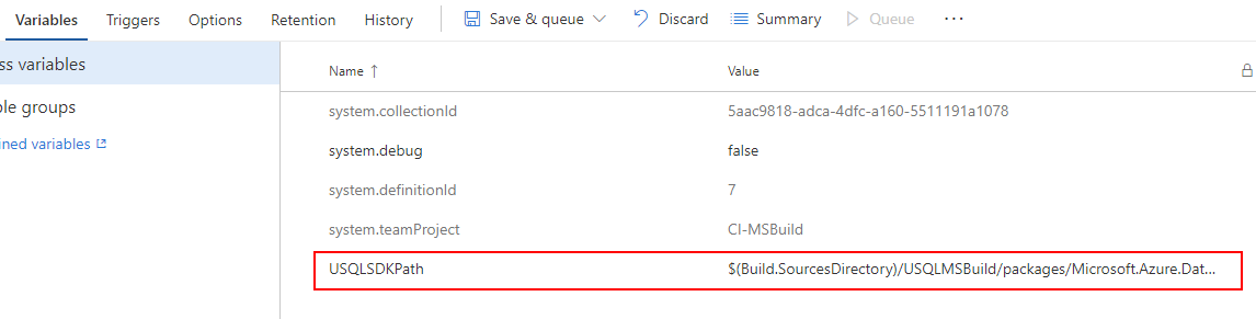 Definición de variables de MSBuild de CI/CD para un proyecto de base de datos U-SQL