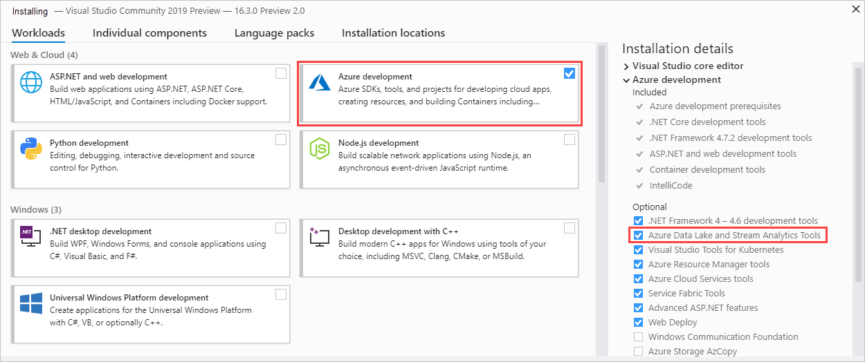 Seleccionar la carga de trabajo de desarrollo de Azure