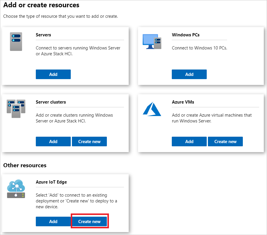 Seleccione Crear nuevo en el icono de Azure IoT Edge en Windows Admin Center, PNG.