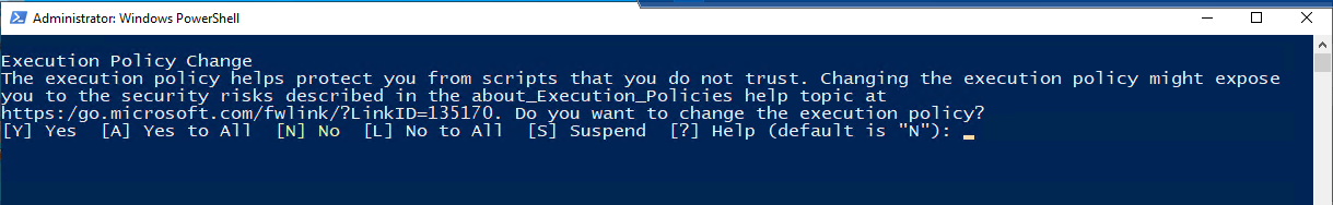Captura de pantalla que muestra la línea de comandos de PowerShell para solicitar un cambio de directiva de ejecución.
