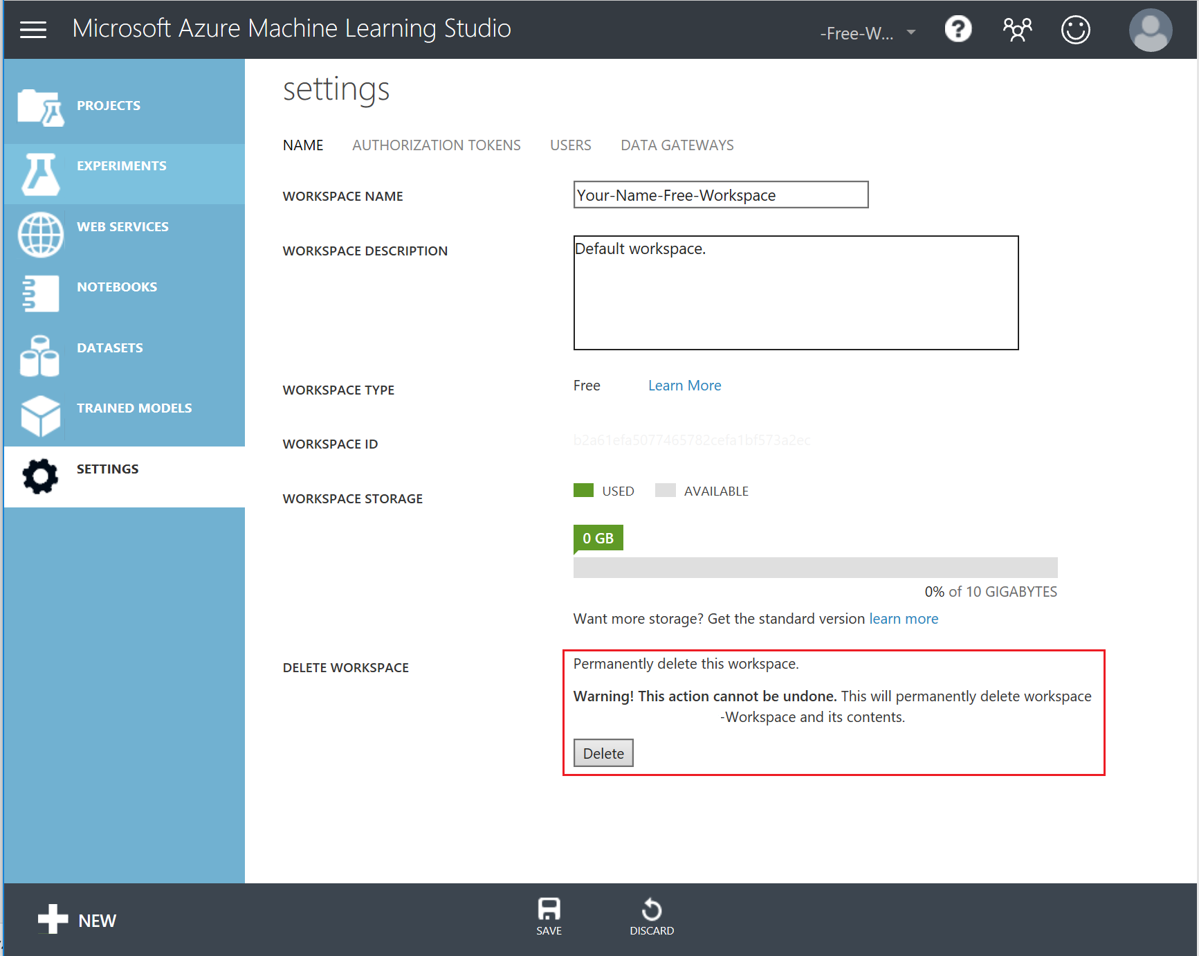 Eliminación de un área de trabajo gratuita en Machine Learning Studio (clásico)