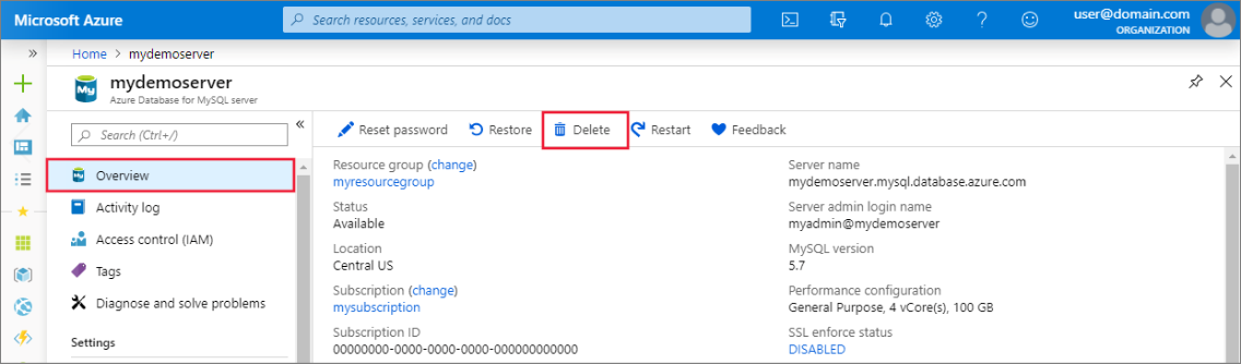 Captura de pantalla de Azure Portal para eliminar el servidor en Azure Database for MySQL