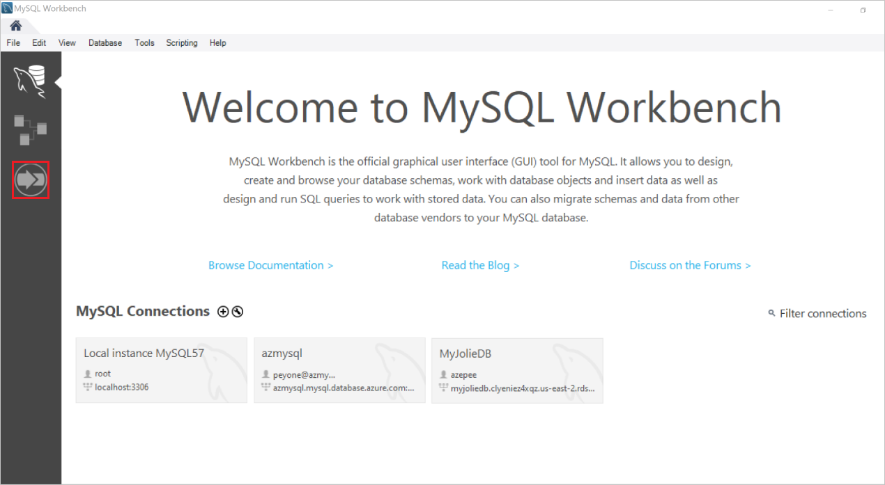 Pantalla de inicio de MySQL Workbench