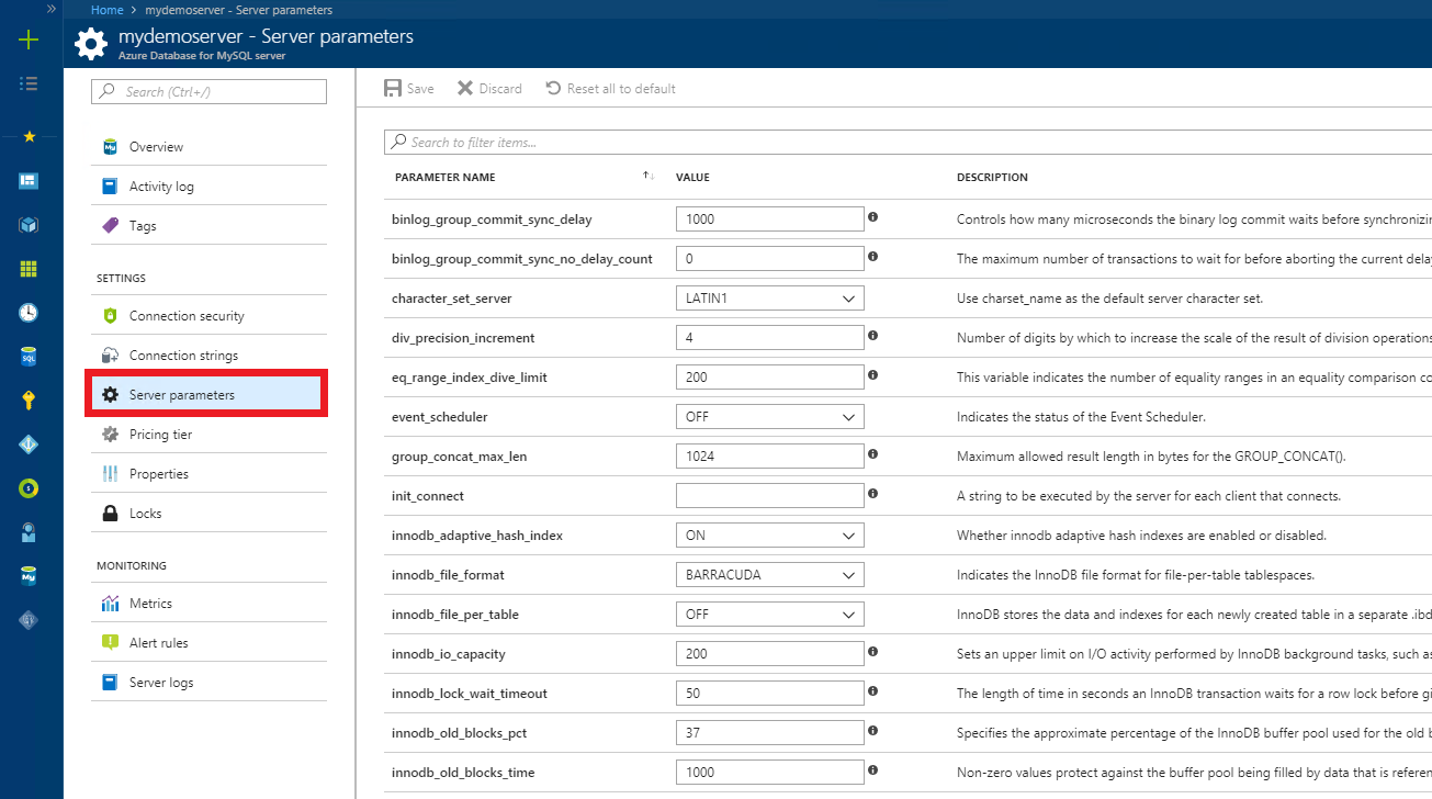 Página Parámetros del servidor de Azure Portal