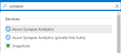 Barra de búsqueda de Azure Portal con áreas de trabajo de Synapse tipadas.