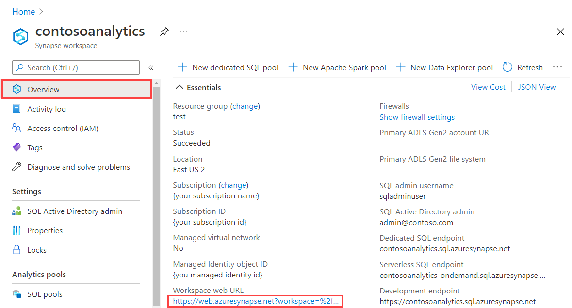 Introducción al área de trabajo de Synapse de Azure Portal con Launch Synapse Studio (Iniciar Synapse Studio) resaltado.
