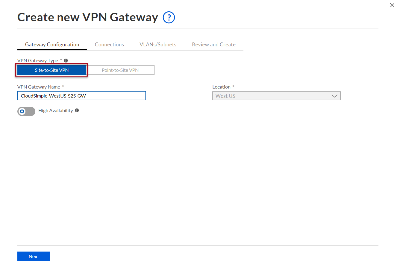 Creación de una puerta de enlace de VPN de sitio a sitio