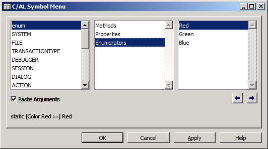NAV_Dotnet_Enum_Symbol C/AL Symbol Menu showing enumeration values