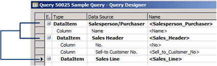 NAV_Query_Designer_Sample_3_DataItemLink Query Designer showing 3 data item links