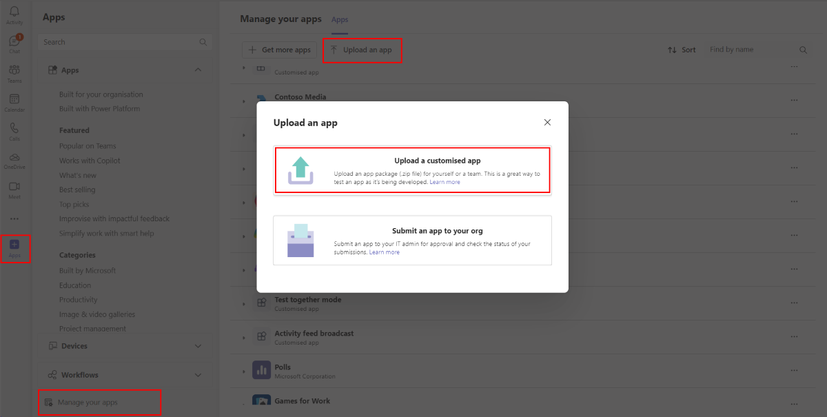 Captura de pantalla que muestra cómo cargar una aplicación personalizada.