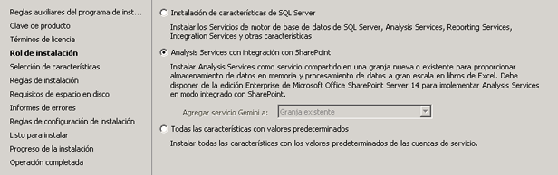 Página de rol de características del Asistente para la instalación