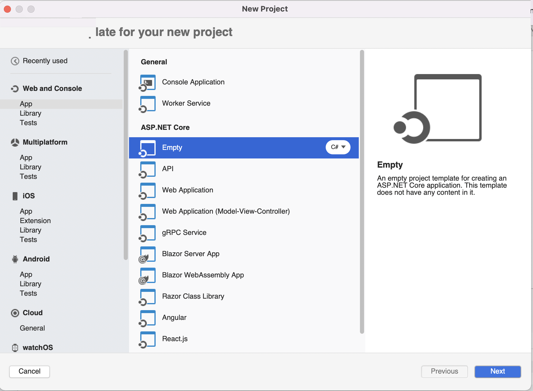 This screenshot shows the New Project Dialog while creating an ASP.NET Core app in Visual Studio for Mac.