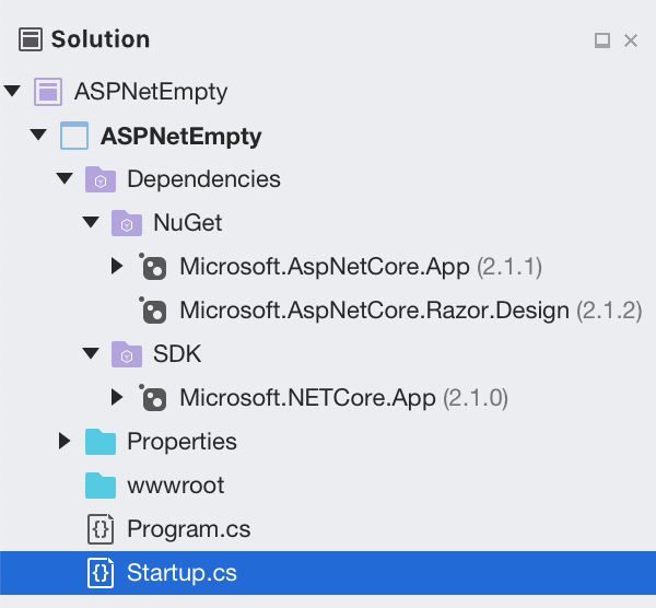 Screenshot of Solution window displaying dependencies.