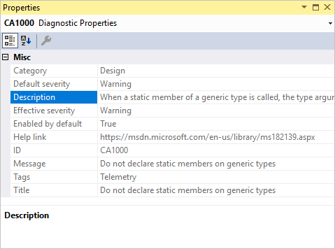 Diagnostic properties in Properties window