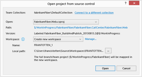 FFR_OpenProjectFromSourceControl_CreateNewWorkspace Open from source control - create new workspace