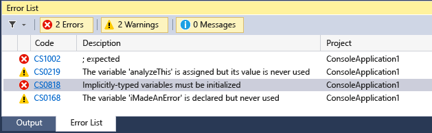 Screenshot of the Visual Studio Output and Error List.