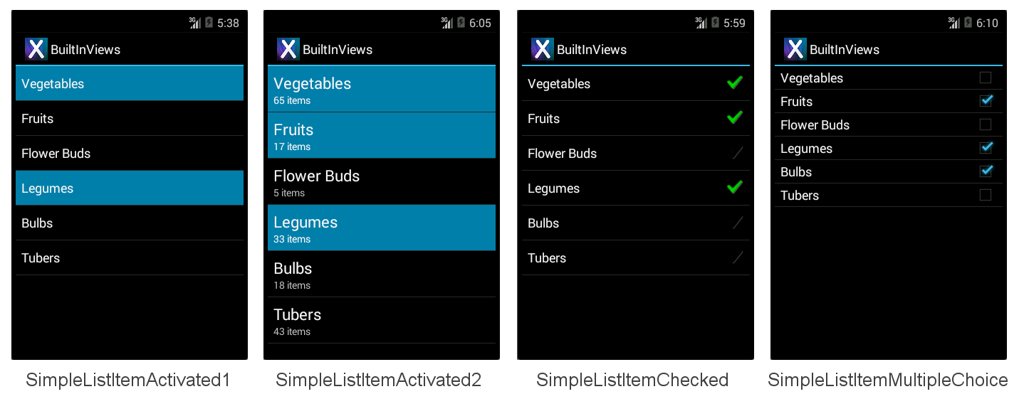 Capturas de pantalla de SimpleListItemActivated1, SimpleListItemActivated2, SimpleListItemChecked y SimpleListItemMultipleChecked