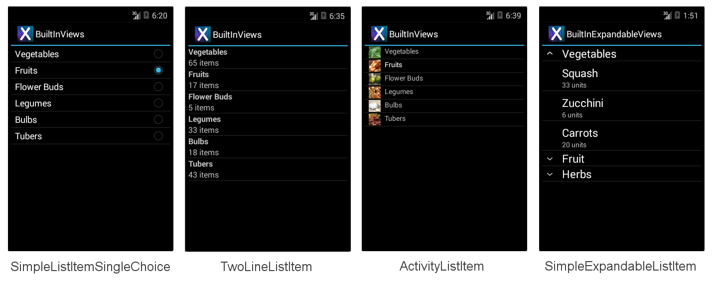 Capturas de pantalla de SimpleListItemSingleChoice, TwoLineListItem, ActivityListItem y SimpleExpandableListItem