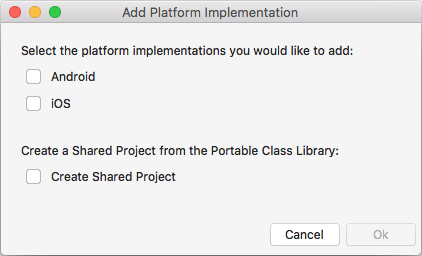 Add platform options such as iOS, Android, and Shared Project