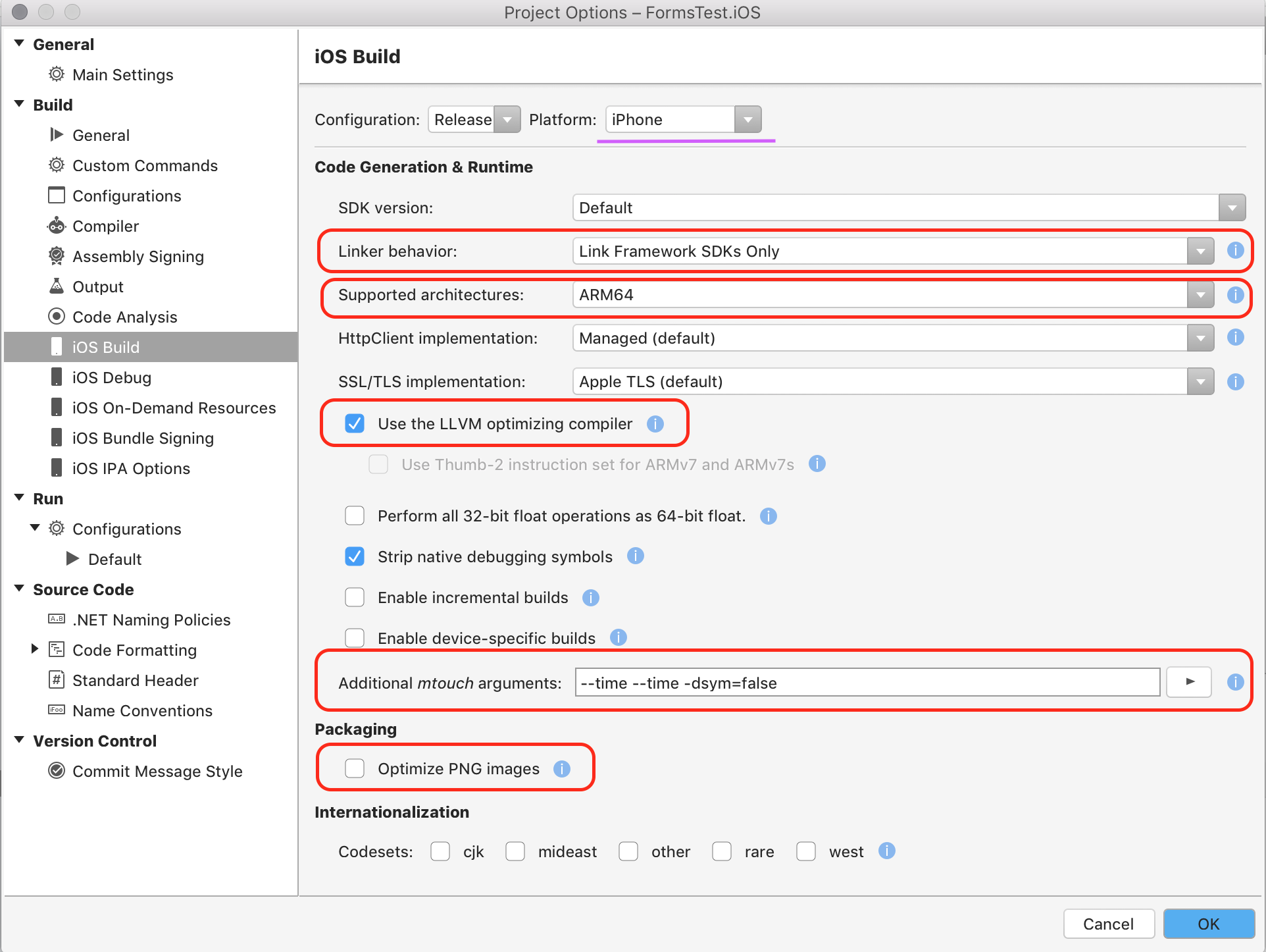 Screenshot shows Project Options, including Linker behavior, Supported architectures, and other settings.