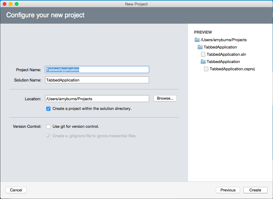 Asigne al proyecto el nombre TabbedApplication