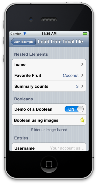 Por ejemplo, la aplicación de esta captura de pantalla se declara completamente mediante JSON