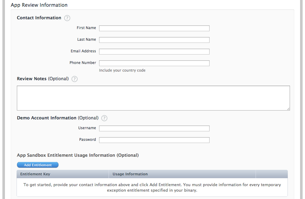 Editing the contact information and advice for the App Store reviewers