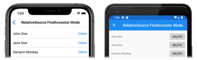 Modo de enlace relativo FindAncestor Captura de pantalla de un enlace relativo de modo FindAncestor, en iOS y Android