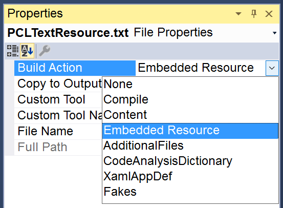 Configuración de la acción de compilación de recursos insertados