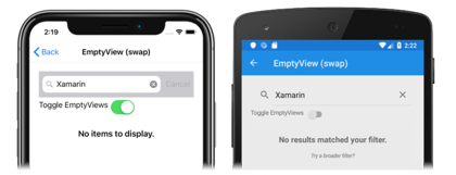 Lista vertical CollectionView con vistas vacías intercambiadas Captura de pantalla de una lista vertical CollectionView con vistas vacías intercambiadas, en iOS y Android