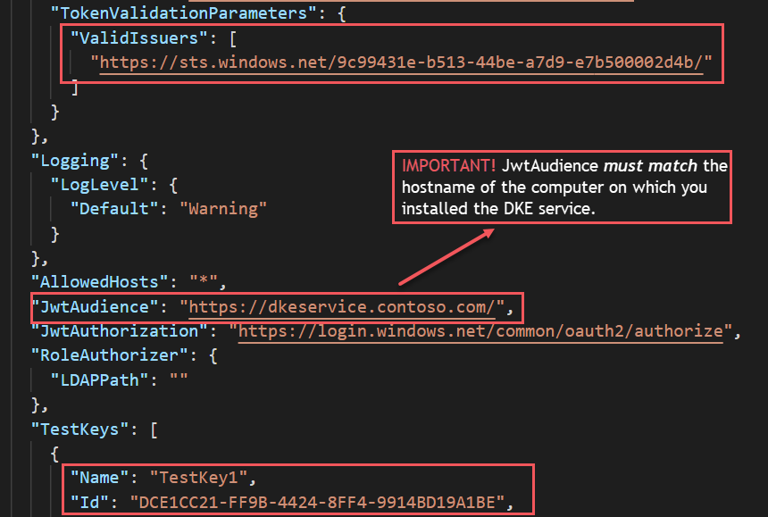 Muestra la configuración de inquilino y clave correcta para DKE en el archivo appsettings.json.