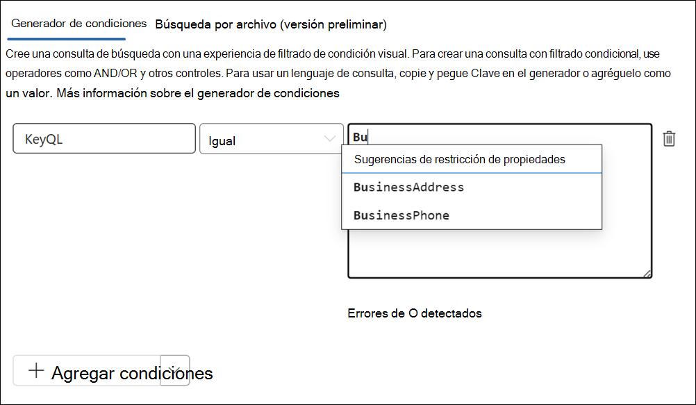 KeyQL editor sugiere propiedades admitidas.