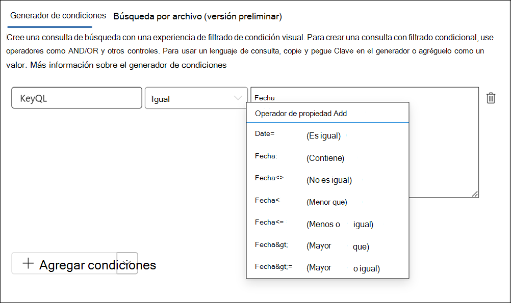KeyQL editor sugiere operadores.