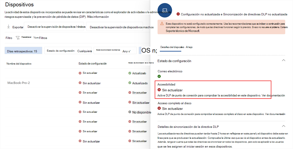 Captura de pantalla de los detalles del dispositivo de Microsoft Purview que muestran accesibilidad con un estado No actualizado.