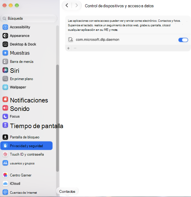 Captura de pantalla de la configuración de acceso a datos y control de dispositivos macOS con el permiso habilitado para com.microsoft.dlp.daemon.