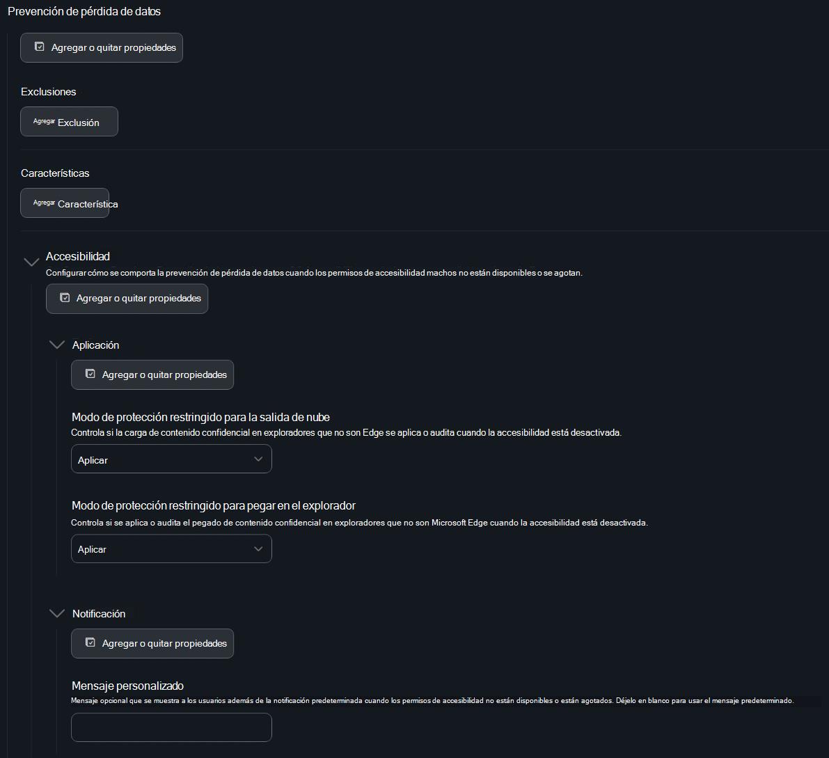 Recorte de pantalla de la configuración de prevención de pérdida de datos de Jamf Pro con la configuración de notificación y cumplimiento de accesibilidad.