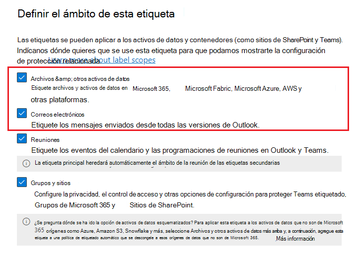 Opciones de ámbito de etiqueta de confidencialidad para elementos que incluyen archivos y correo electrónico.