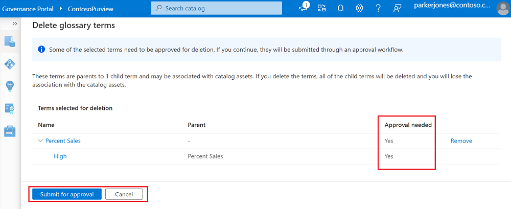 Captura de pantalla de la ventana para eliminar términos del glosario, que muestra los términos que necesitan aprobación e incluye el botón para enviarlos para su aprobación.