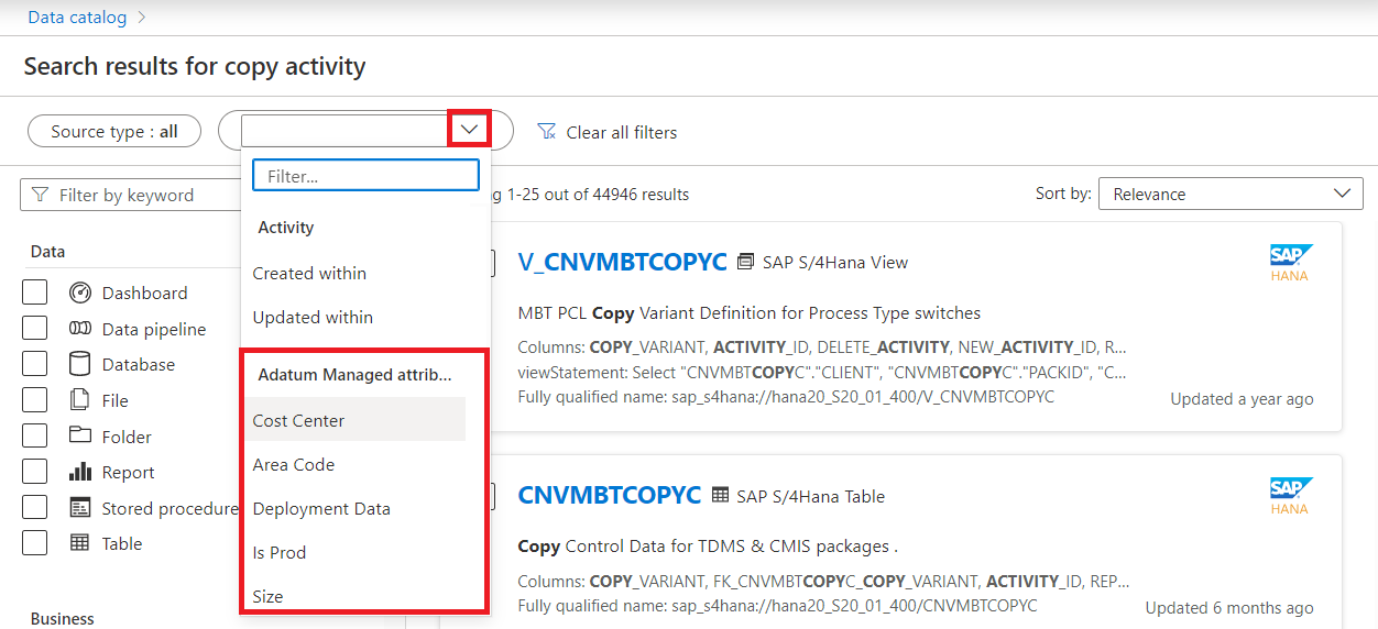 Captura de pantalla que muestra la lista desplegable de filtros con la lista de atributos administrados agregados resaltados.